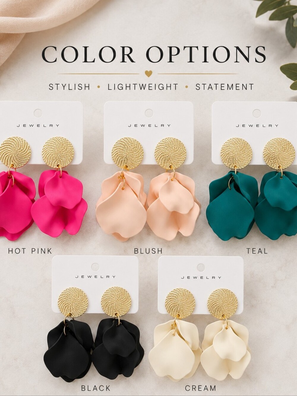 NEW Petal Gold Disc Lightweight Drop Earrings Multiple Colors